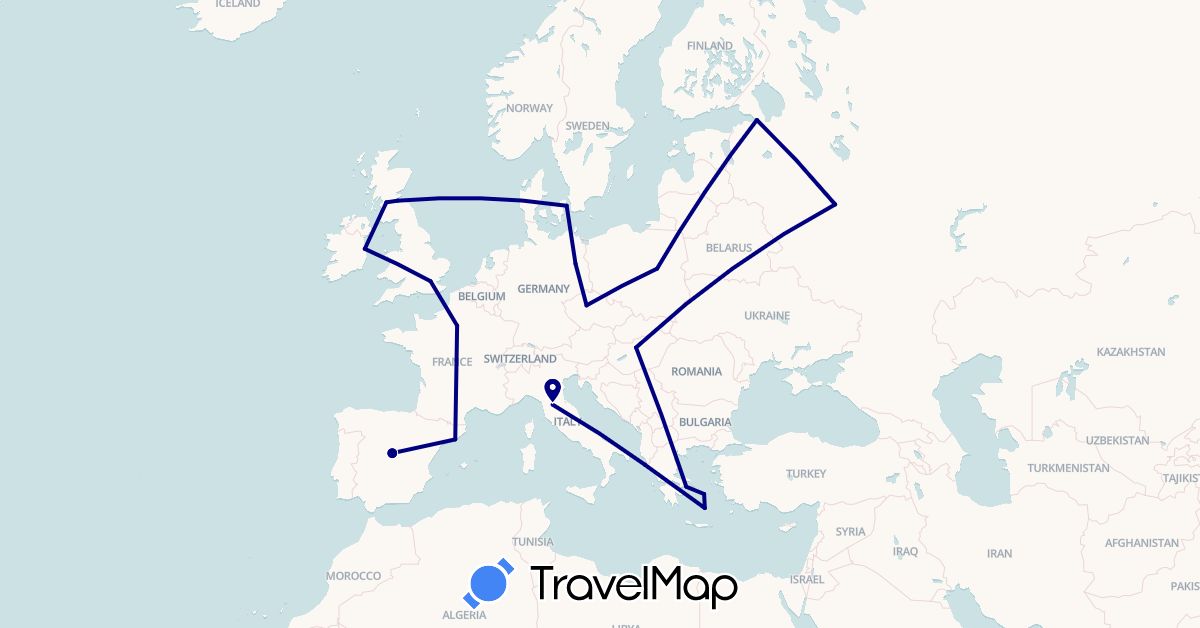 TravelMap itinerary: driving in Czech Republic, Germany, Denmark, Spain, France, United Kingdom, Greece, Hungary, Ireland, Italy, Poland, Russia (Europe)